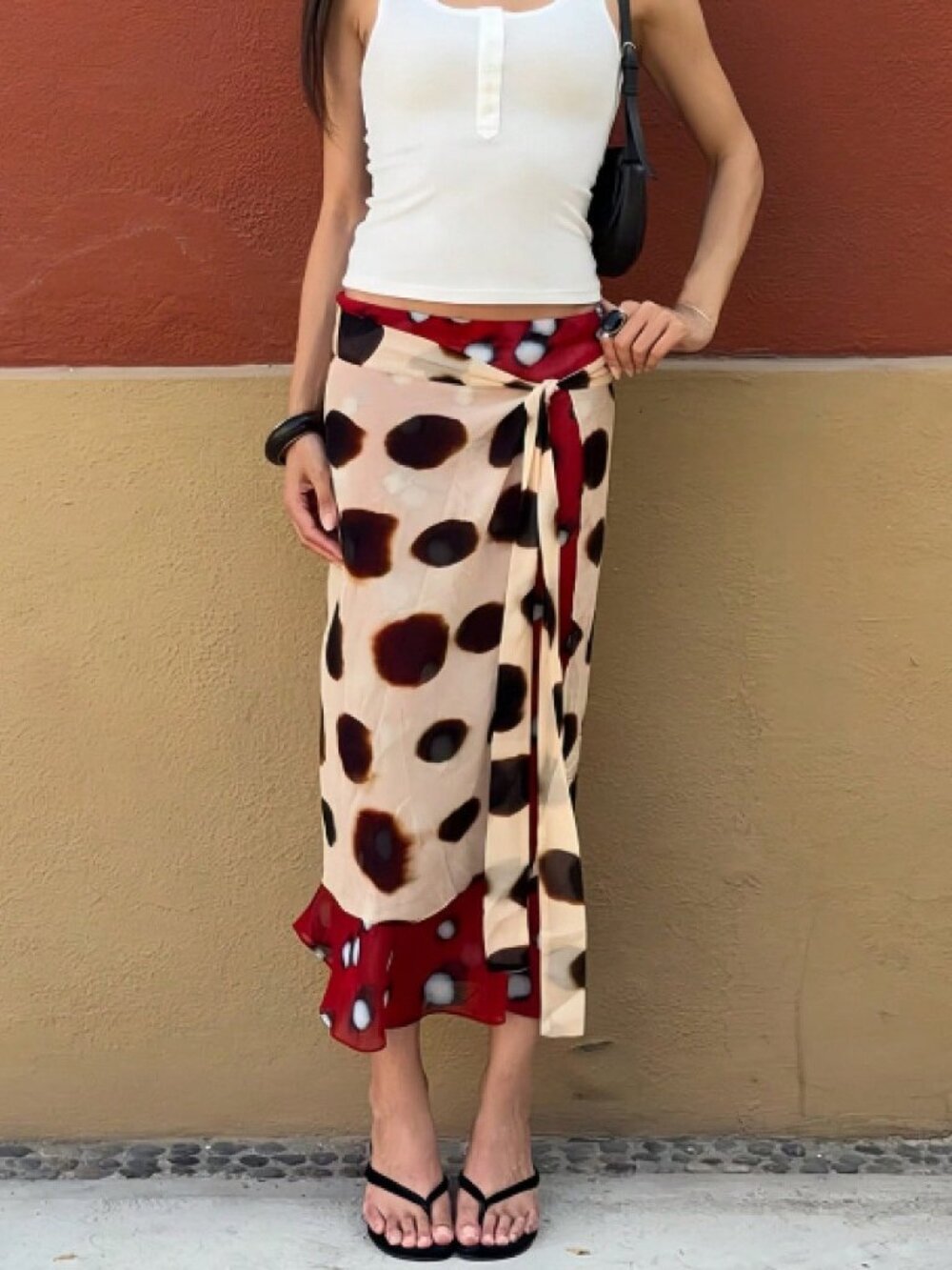 Khaki Casual Women's Polka Dot Wrap Tie Ruffle Bodycon Midi Skirt - Picture 4 of 10